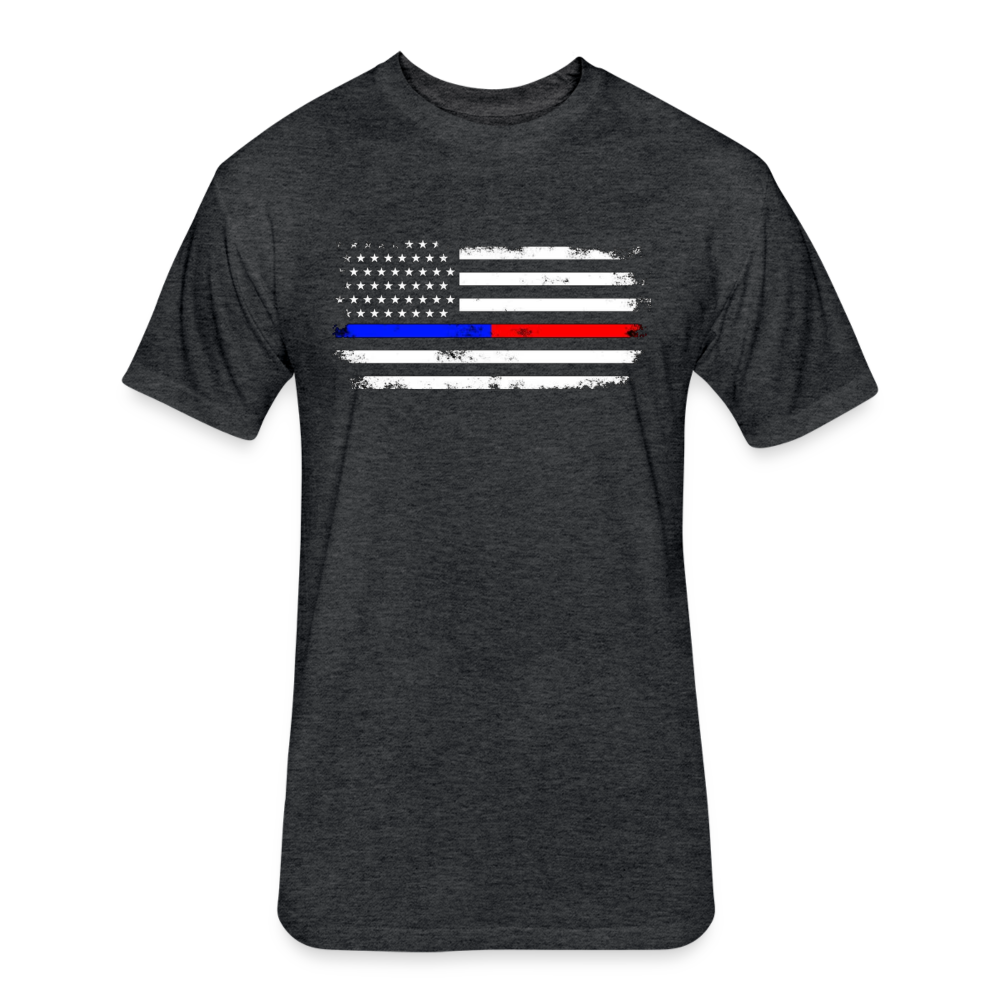 Unisex Poly/Cotton T-Shirt by Next Level - Distressed Thin Red Line / Blue Line Flag - heather black