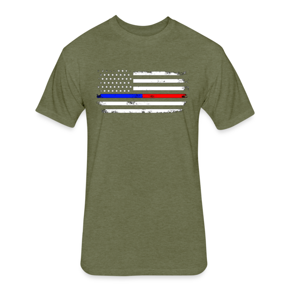 Unisex Poly/Cotton T-Shirt by Next Level - Distressed Thin Red Line / Blue Line Flag - heather military green