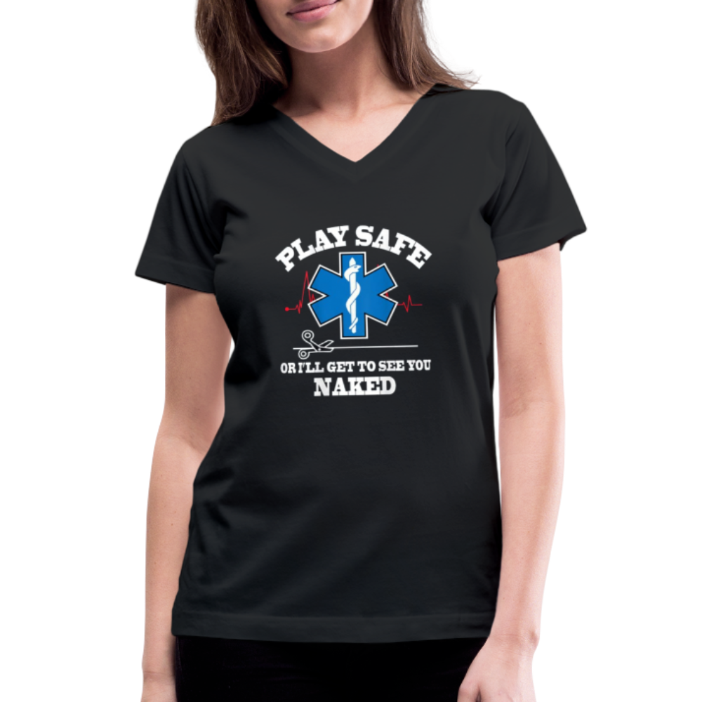 Women's V-Neck T-Shirt - Play Safe EMS - black