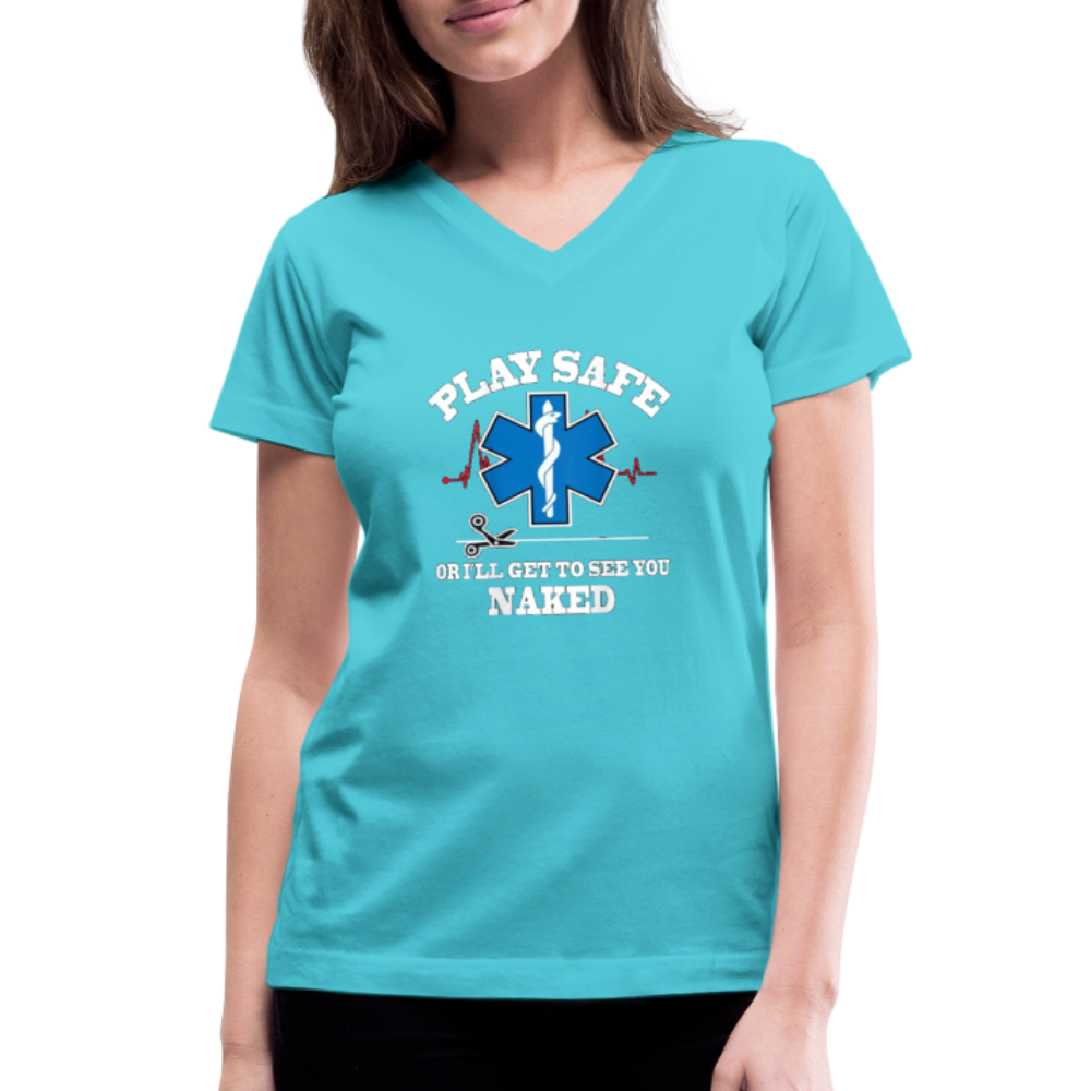 Women's V-Neck T-Shirt - Play Safe EMS - aqua