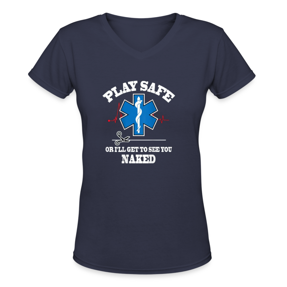 Women's V-Neck T-Shirt - Play Safe EMS - navy