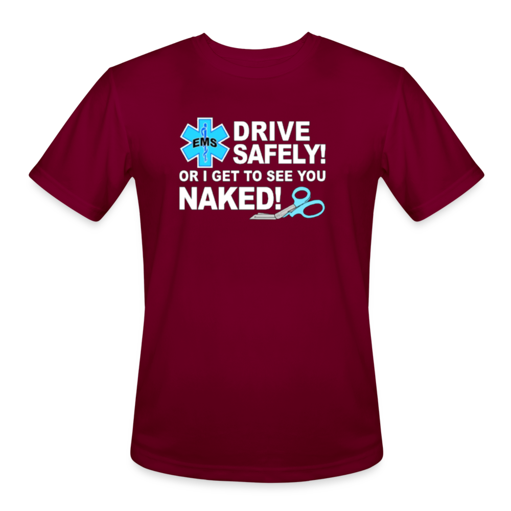 Men’s Moisture Wicking Performance T-Shirt - EMS Drive Safely! - burgundy