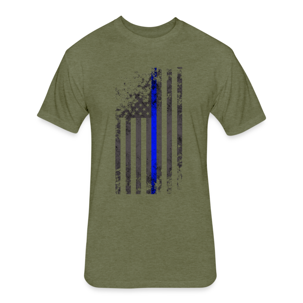 Unisex Poly/Cotton T-Shirt by Next Level - Thin Blue Line Distressed Vertical Flag - heather military green