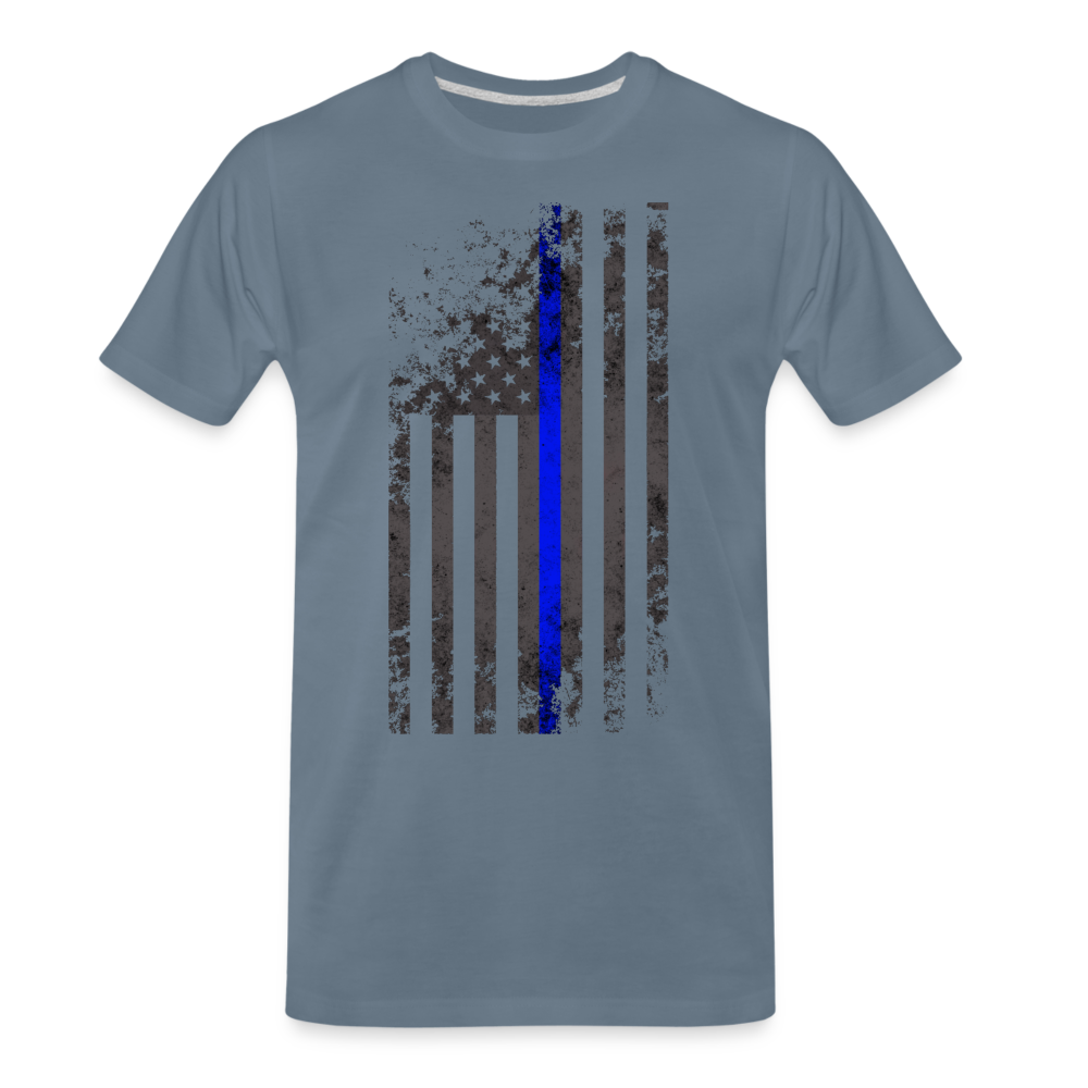 Men's Premium T-Shirt -  Thin Blue Line Distressed Vertical Flag - steel blue