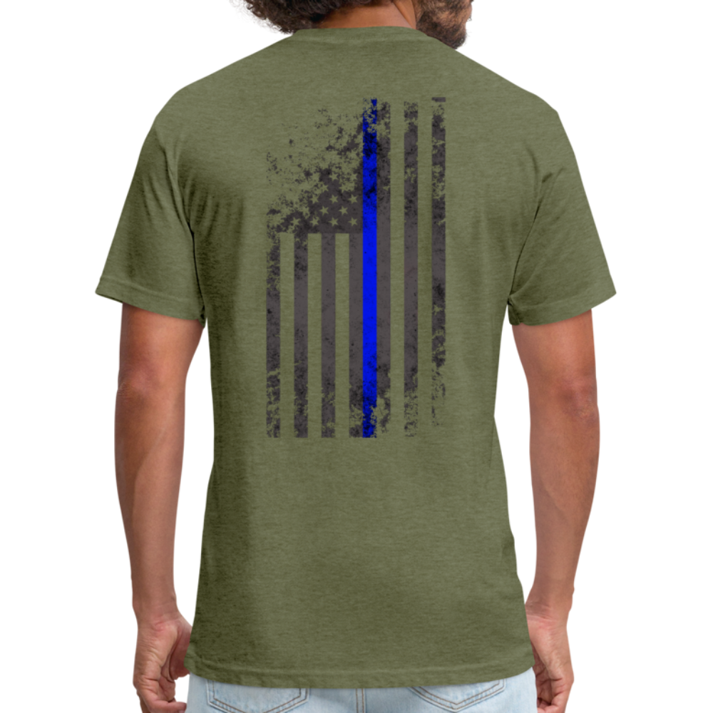 Unisex Poly/Cotton T-Shirt by Next Level - Thin Blue Line Distressed Vertical Flag - heather military green