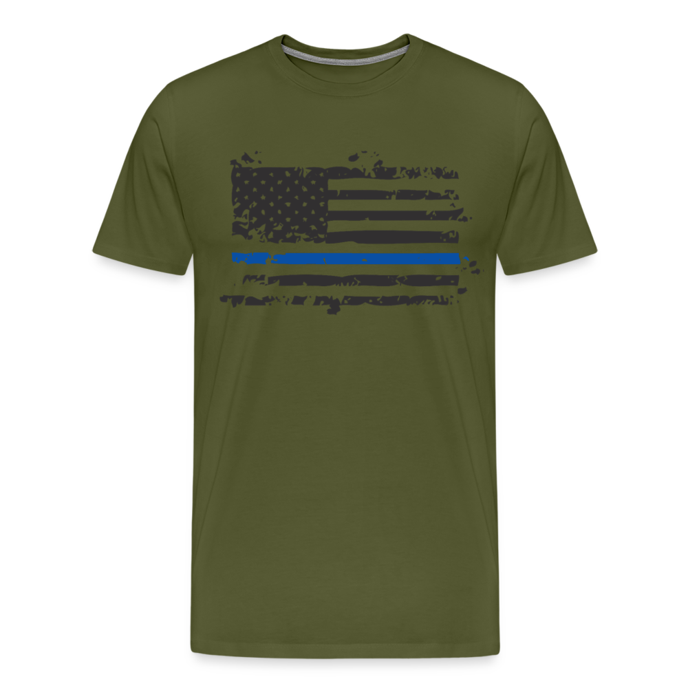 Men's Premium T-Shirt - Distressed Blue Line Flag - olive green