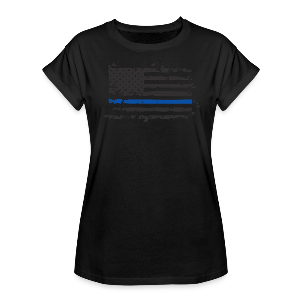 Women's Relaxed Fit T-Shirt - Distressed Blue Line Flag - black