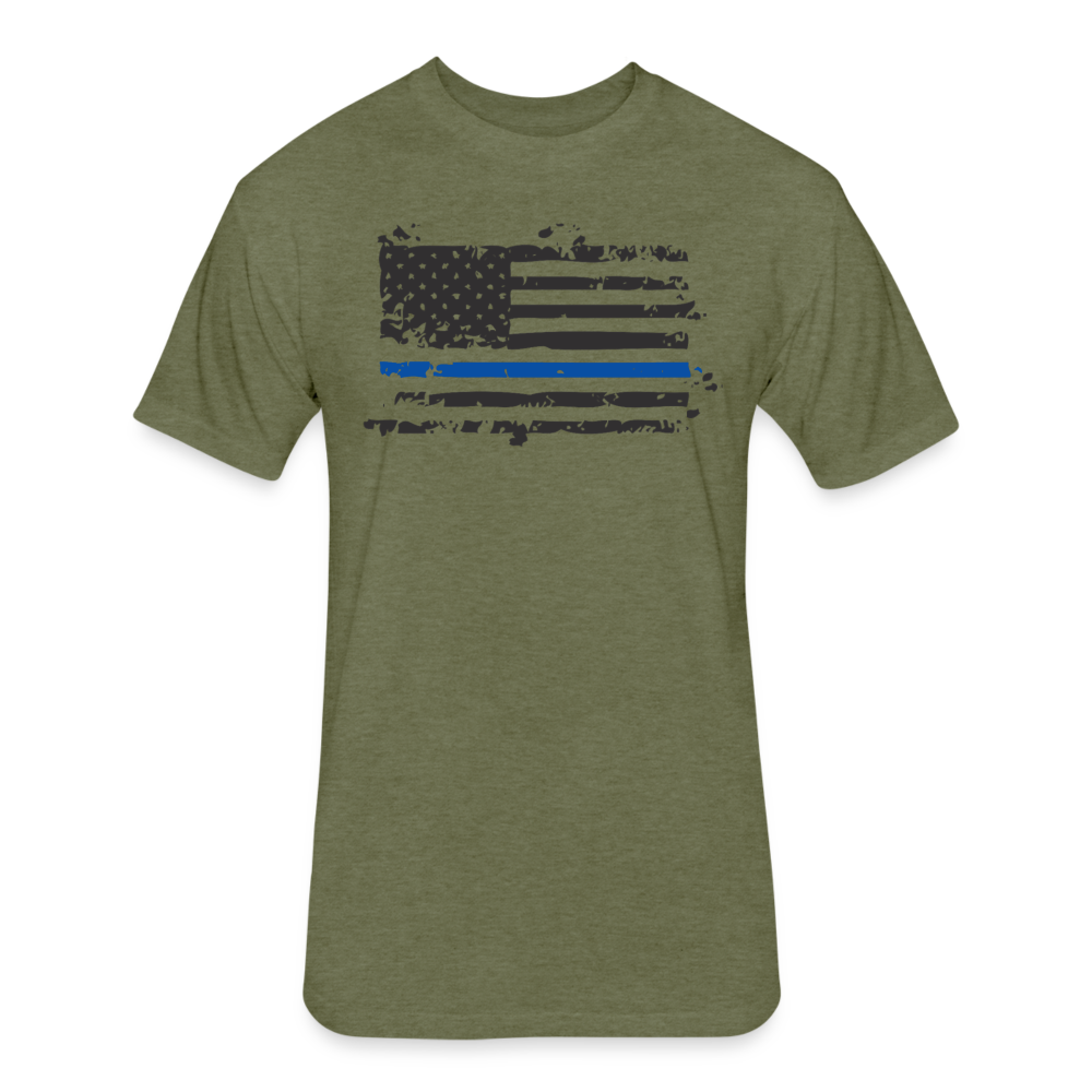 Unisex Poly/Cotton  T-Shirt by Next Level - Distressed Blue Line Flag - heather military green