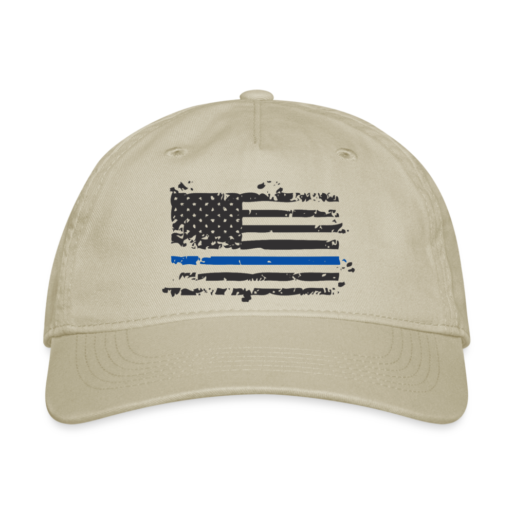 Organic Baseball Cap Snapback - Distressed Thin Blue Line Flag - khaki