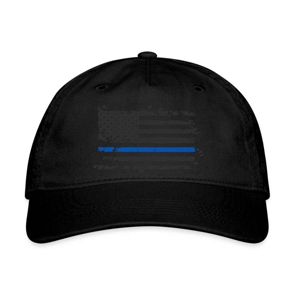 Organic Baseball Cap Snapback - Distressed Thin Blue Line Flag - black