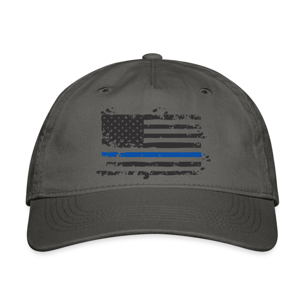 Organic Baseball Cap Snapback - Distressed Thin Blue Line Flag - charcoal